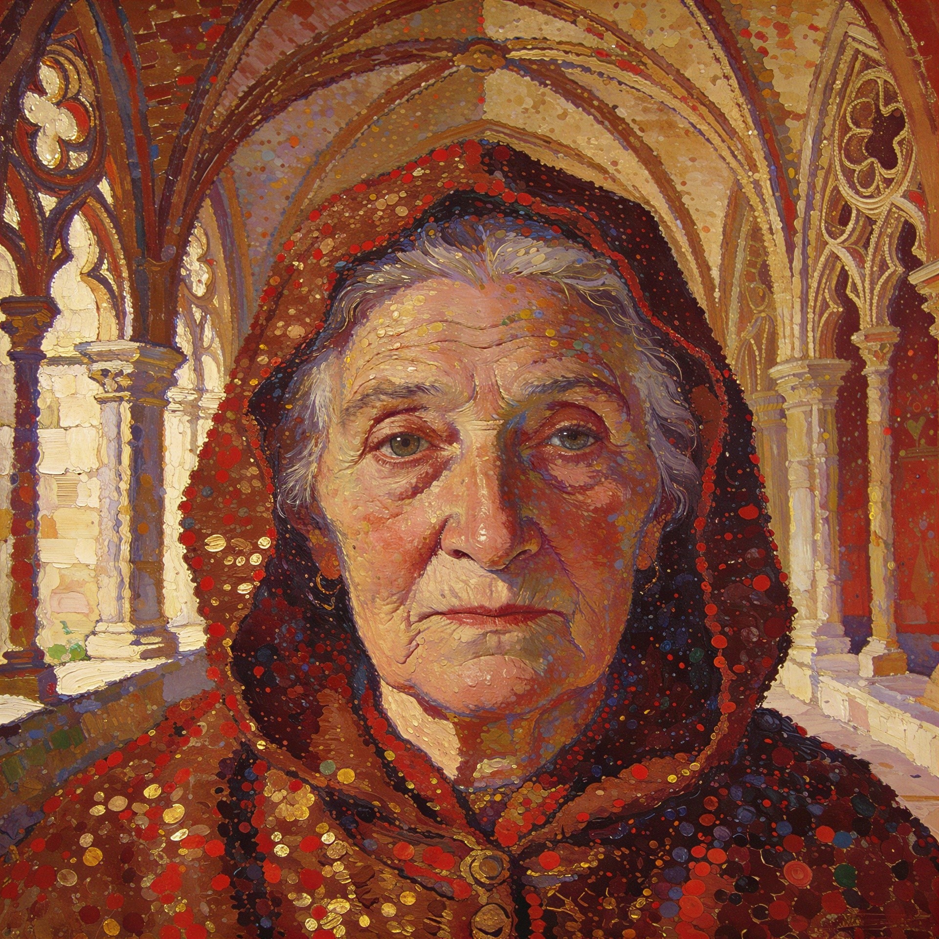 Elderly Woman in Red Hooded Robe Painting Description