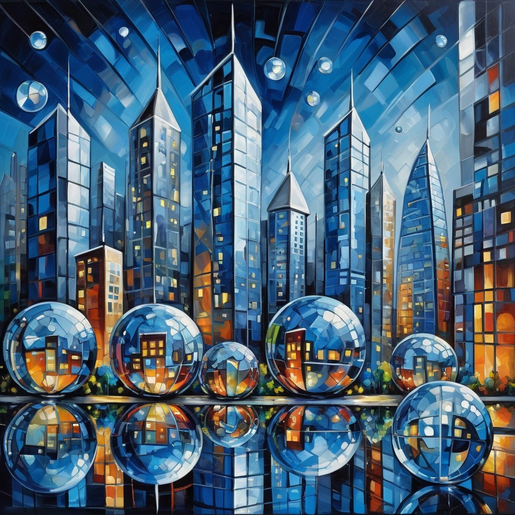 Abstract Nighttime Cityscape with Skyscrapers and Spheres