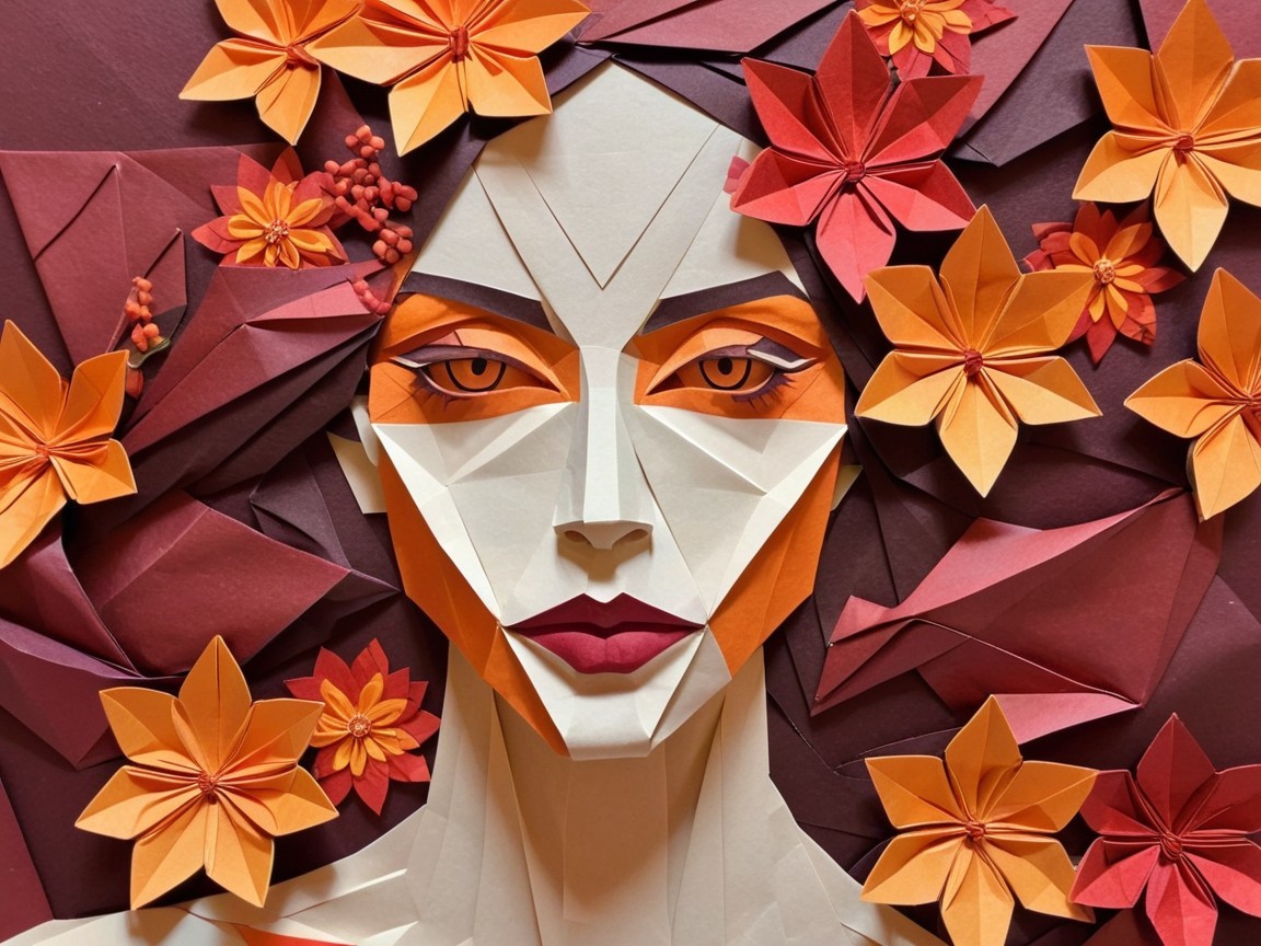 Vibrant Paper Art of a Woman's Face with Autumn Leaves