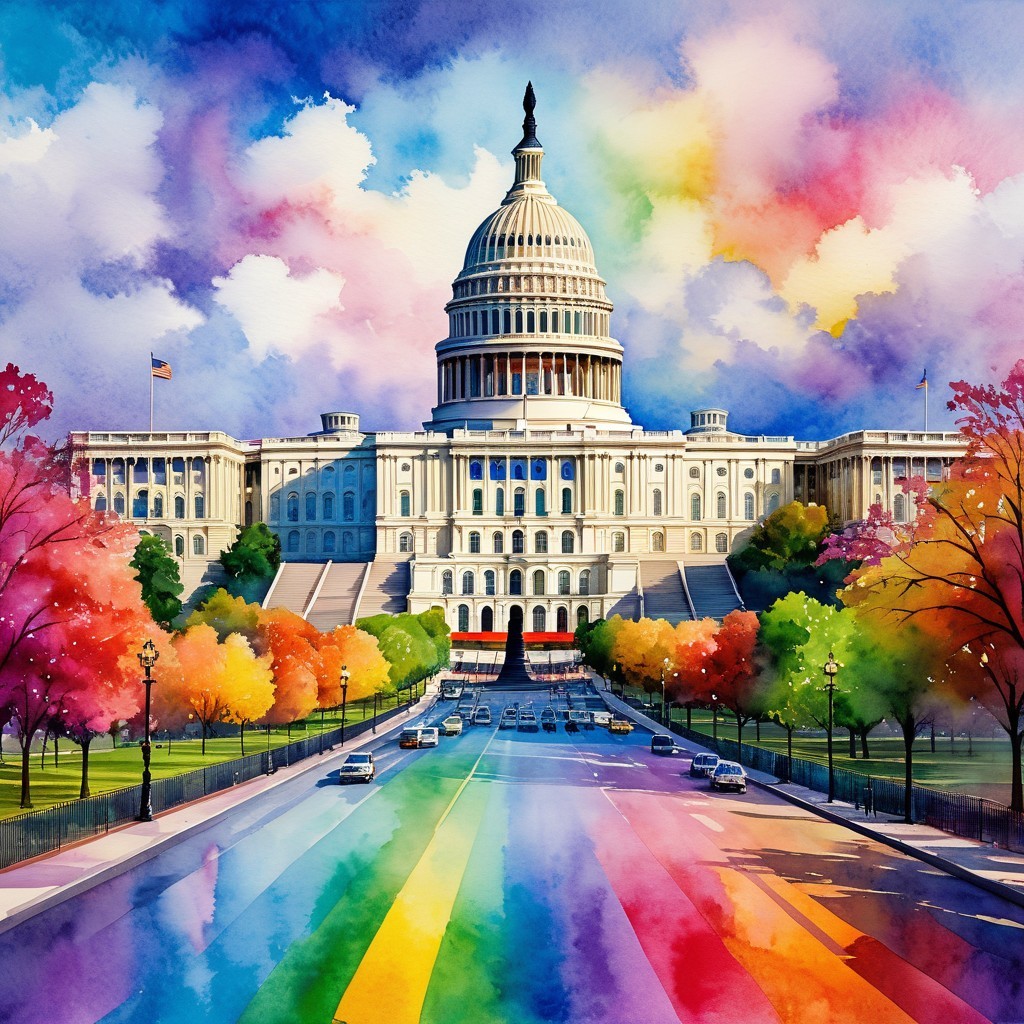 Watercolor Painting of US Capitol with Rainbow Sky