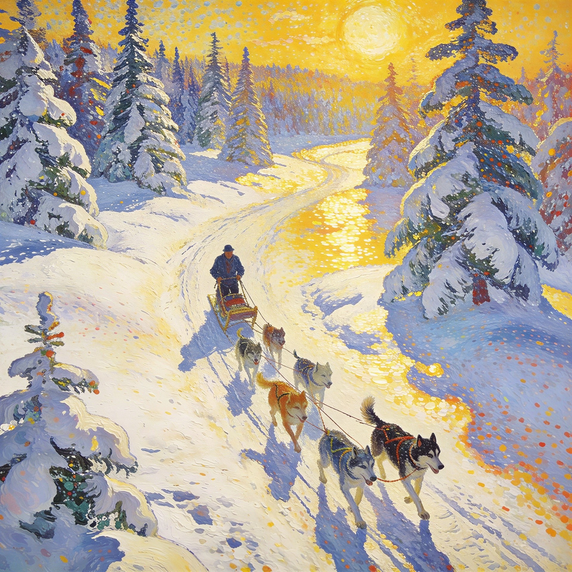Oil Painting Depicting Mushing in Snowy Forest at Sunset