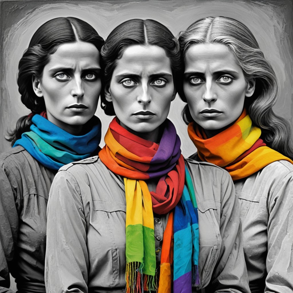 Three Women with Colorful Scarves in Dramatic Contrast