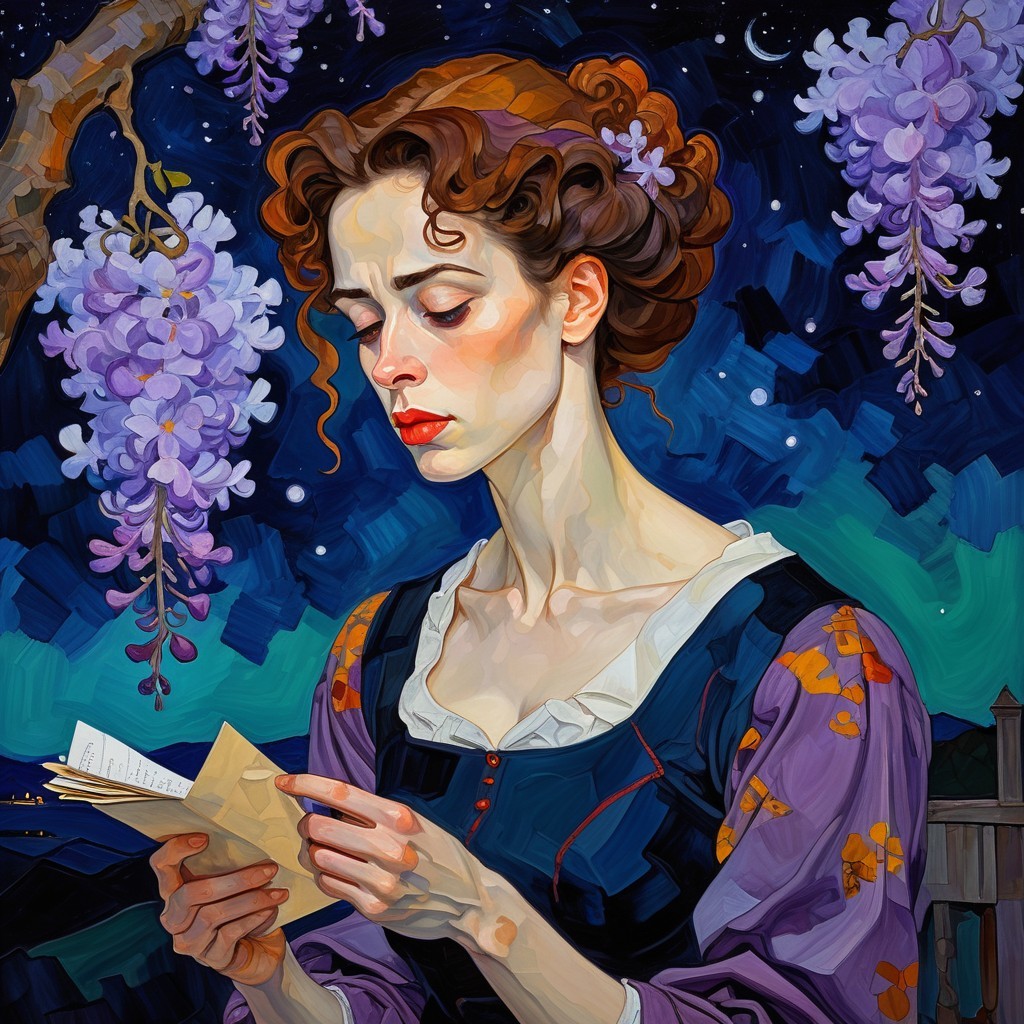 Young woman in vintage gown under wisteria tree