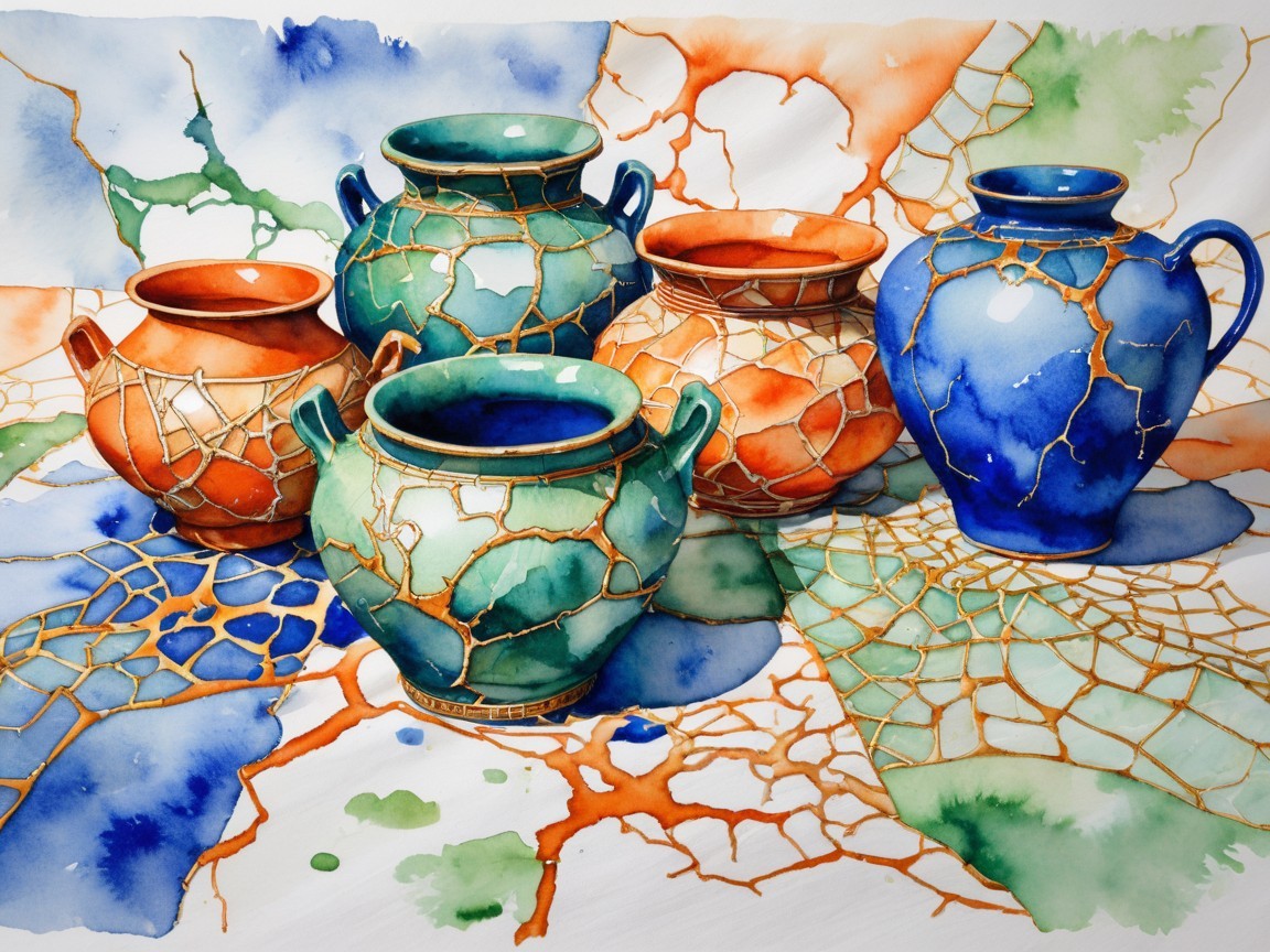 Collection of Five Kintsugi Pottery Jars with Colors