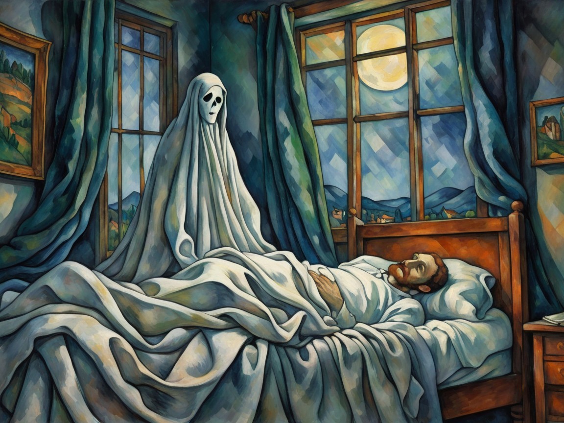 Ghostly Figure in Dimly Lit Bedroom with Moonlight