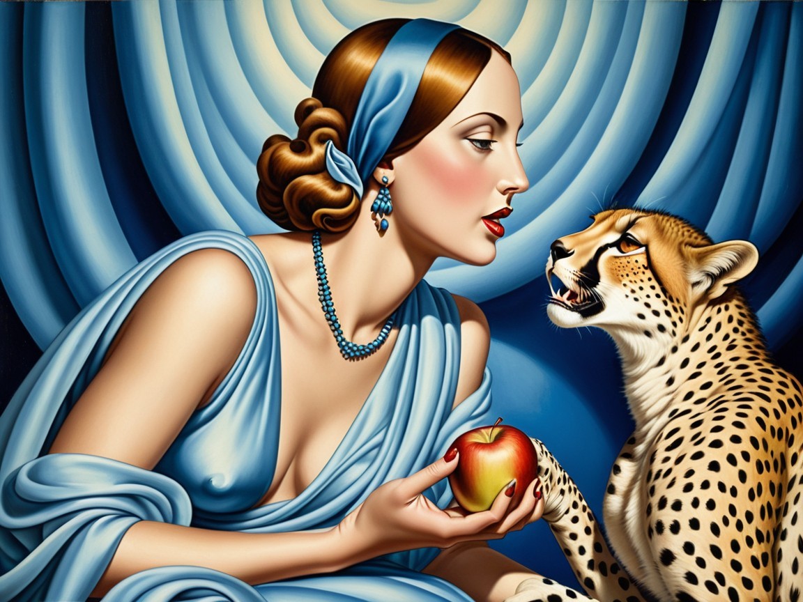 Glamorous Woman in Blue Gown with Cheetah and Apple