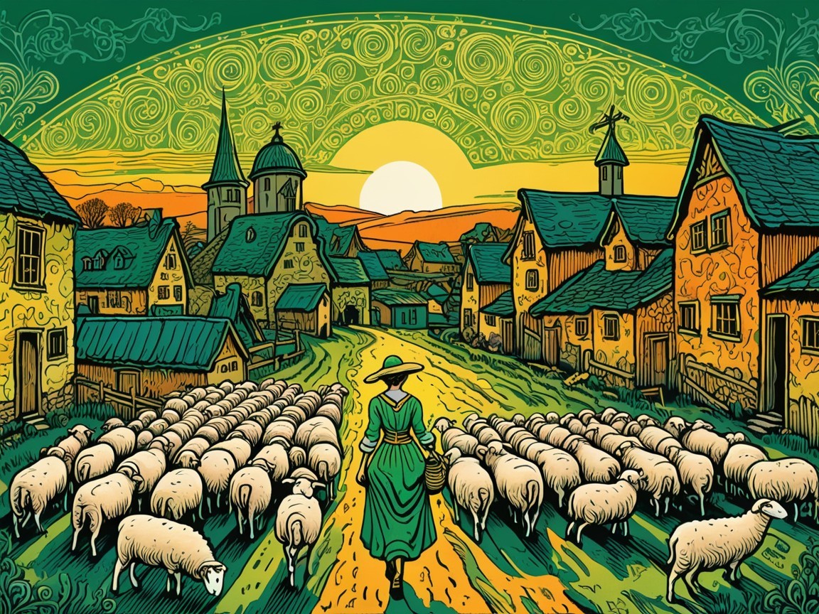 Rural Scene with Shepherdess and Flock at Sunset