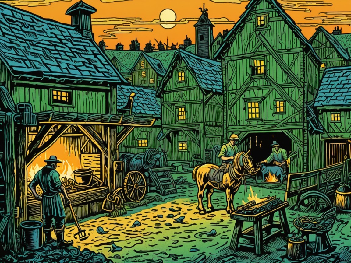 Medieval Village at Sunset with Blacksmith and Courtyard