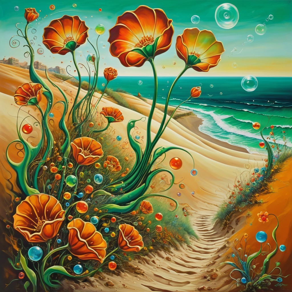Orange Poppies and Serene Coastline at Sunset