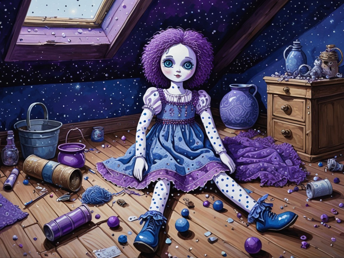Whimsical Attic Scene with Doll and Craft Supplies