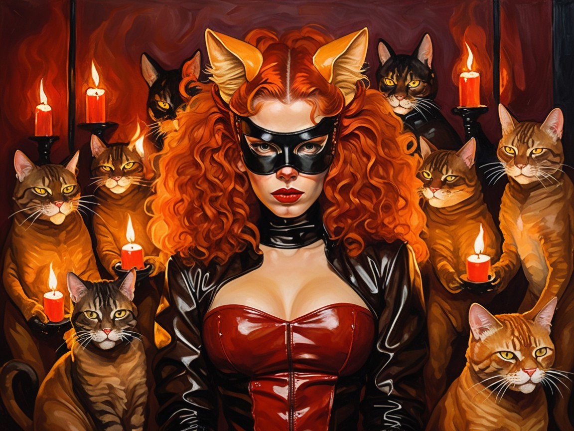 Mystical Scene with Figure in Cat Costume and Cats