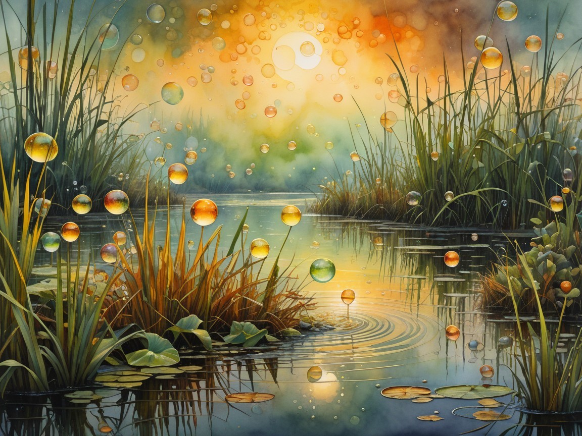 Tranquil Pond at Sunset with Lush Surroundings
