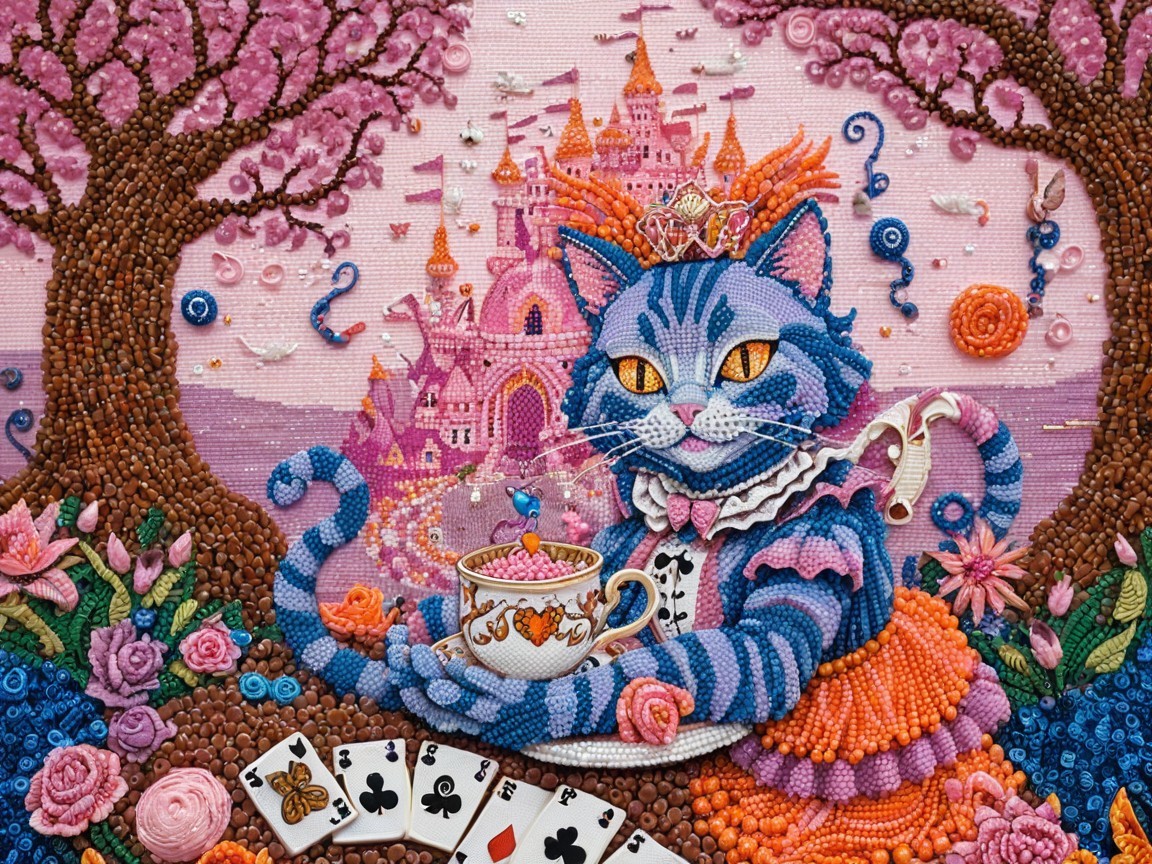 Regal Cat in Colorful Dress in Whimsical Landscape
