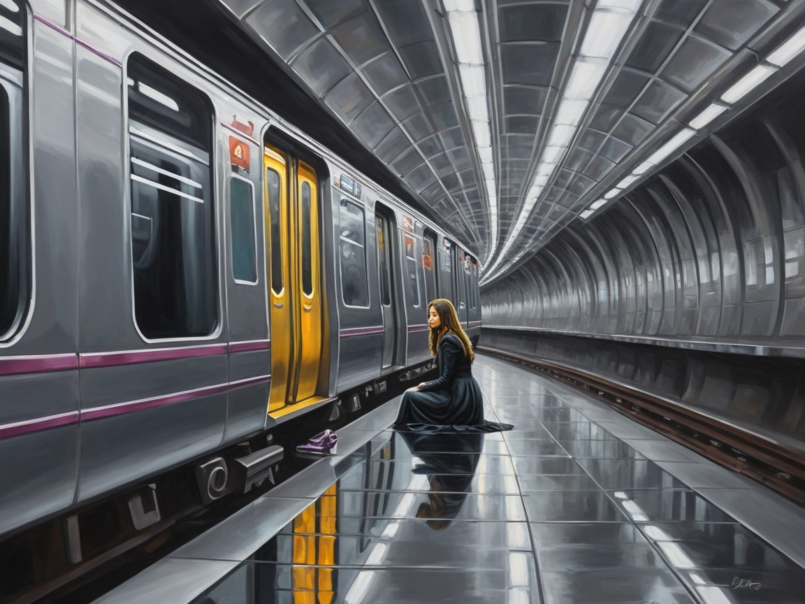 Woman in Black Dress in Dim Subway Station Scene