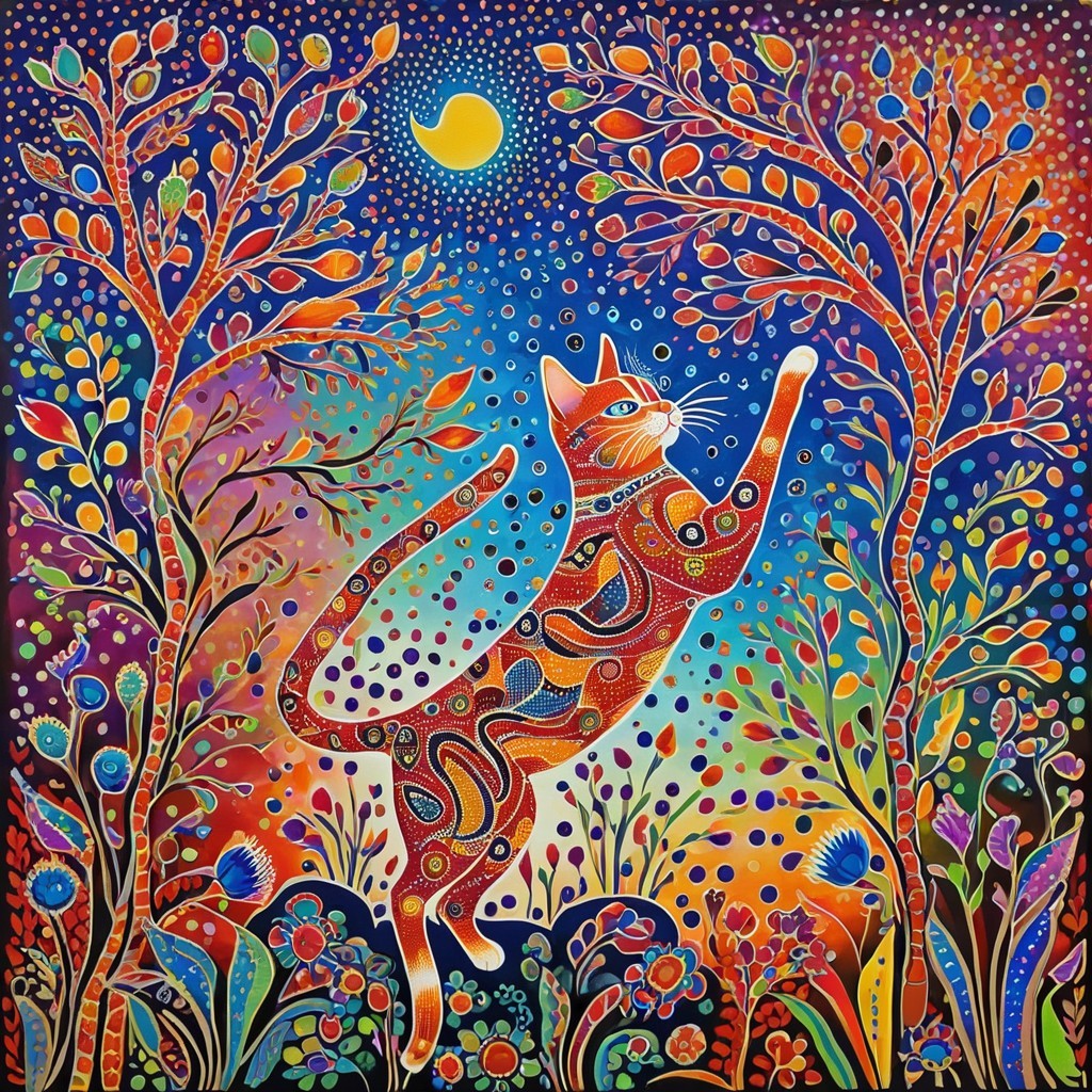 Colorful Cat and Whimsical Moon in Dreamlike Scene