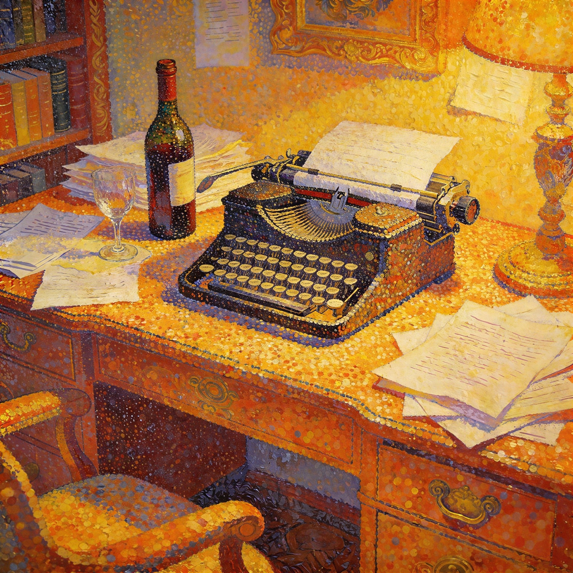 Pointillism Painting of a High-Angle Desk Scene