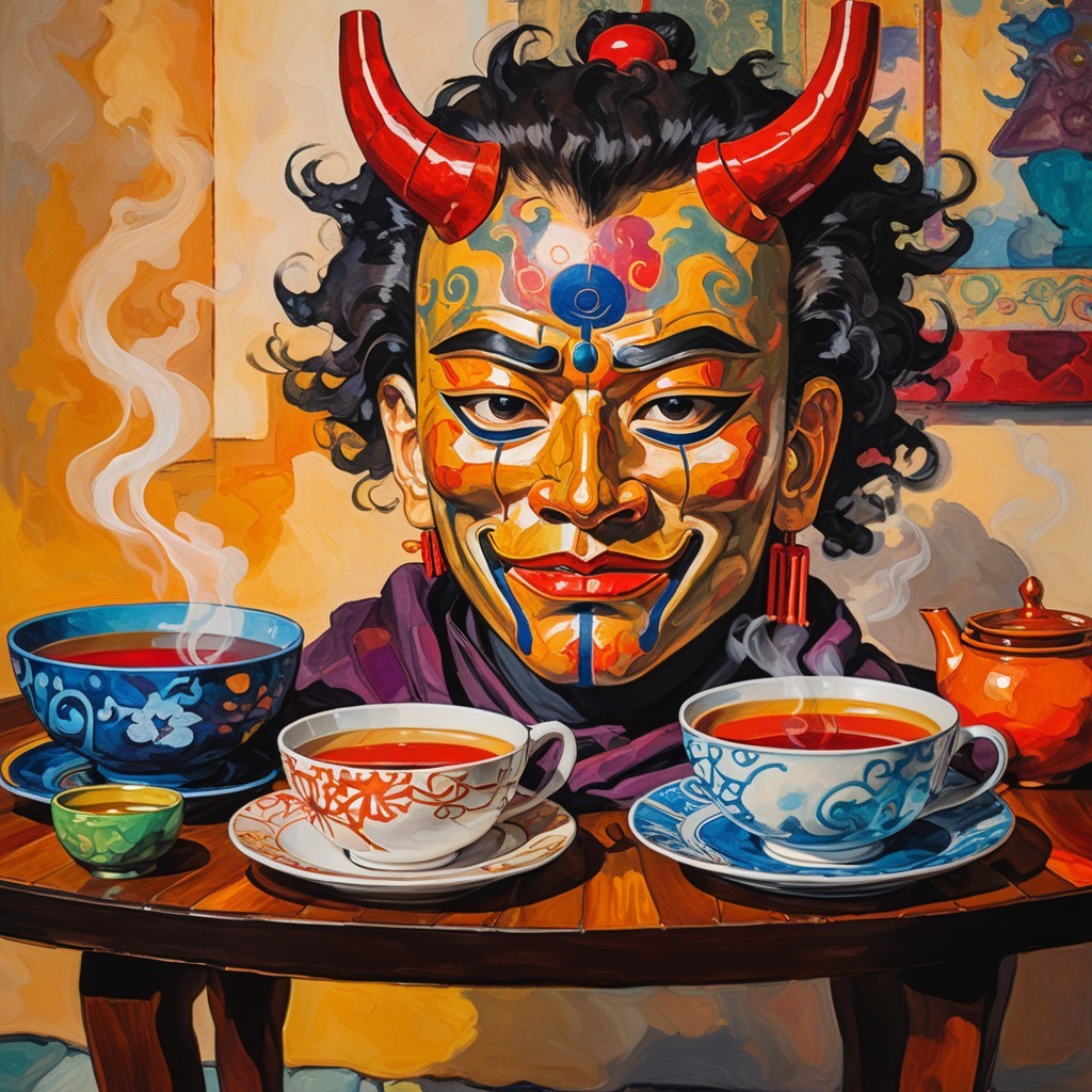 Colorful Mask with Teacups in Ornate Setting