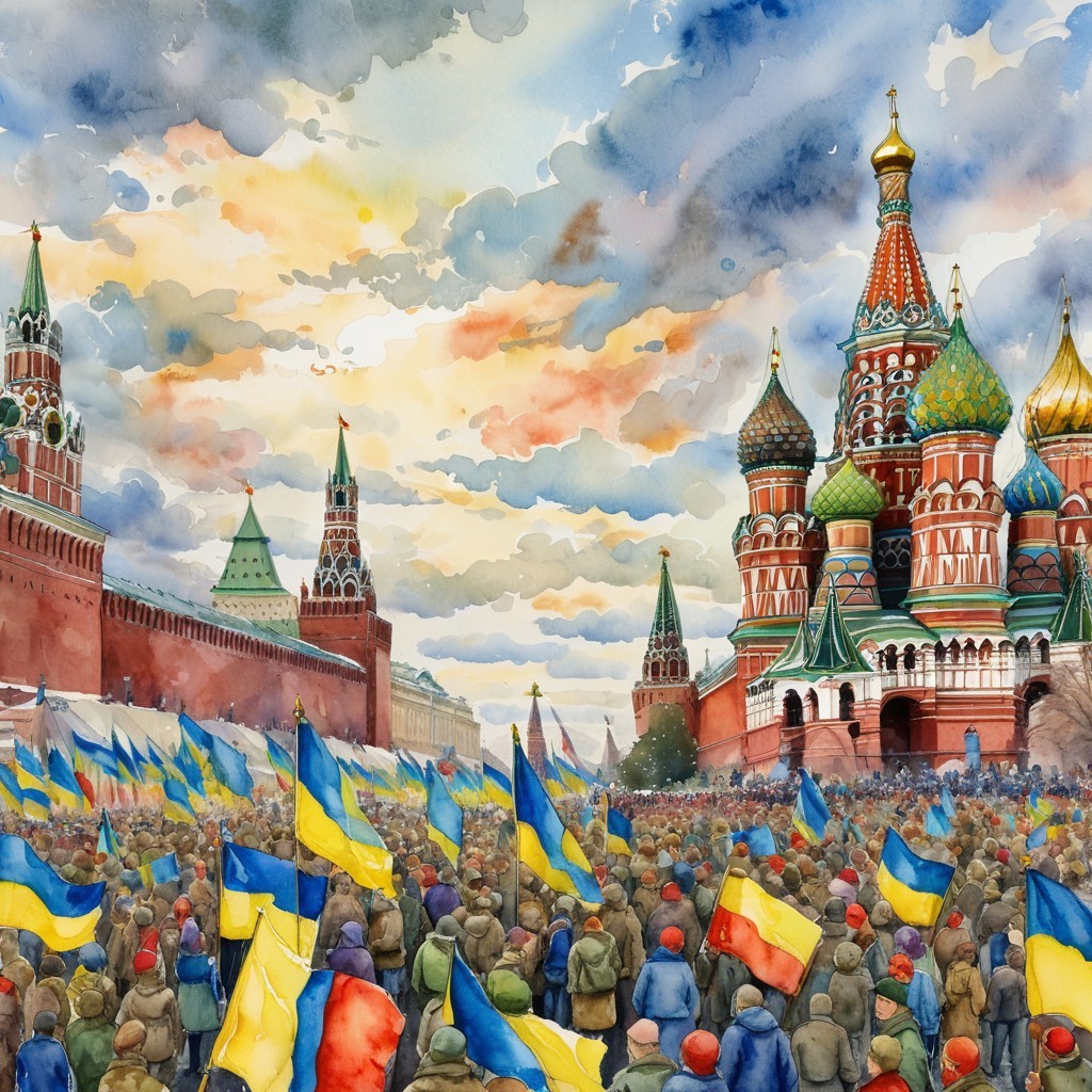 Watercolor Scene of St. Basil's Cathedral and Crowd
