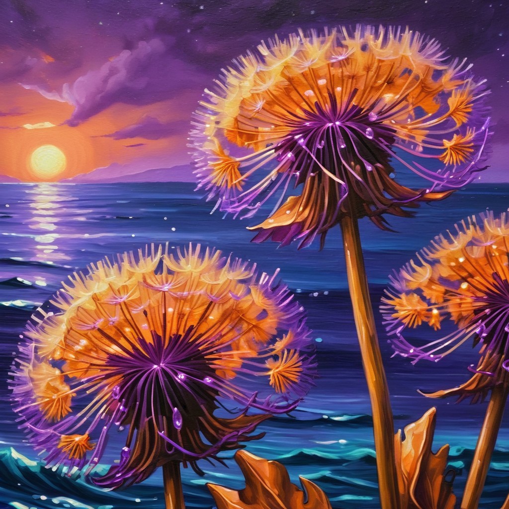 Surreal Dandelion Flowers Against Sunset Ocean Scene