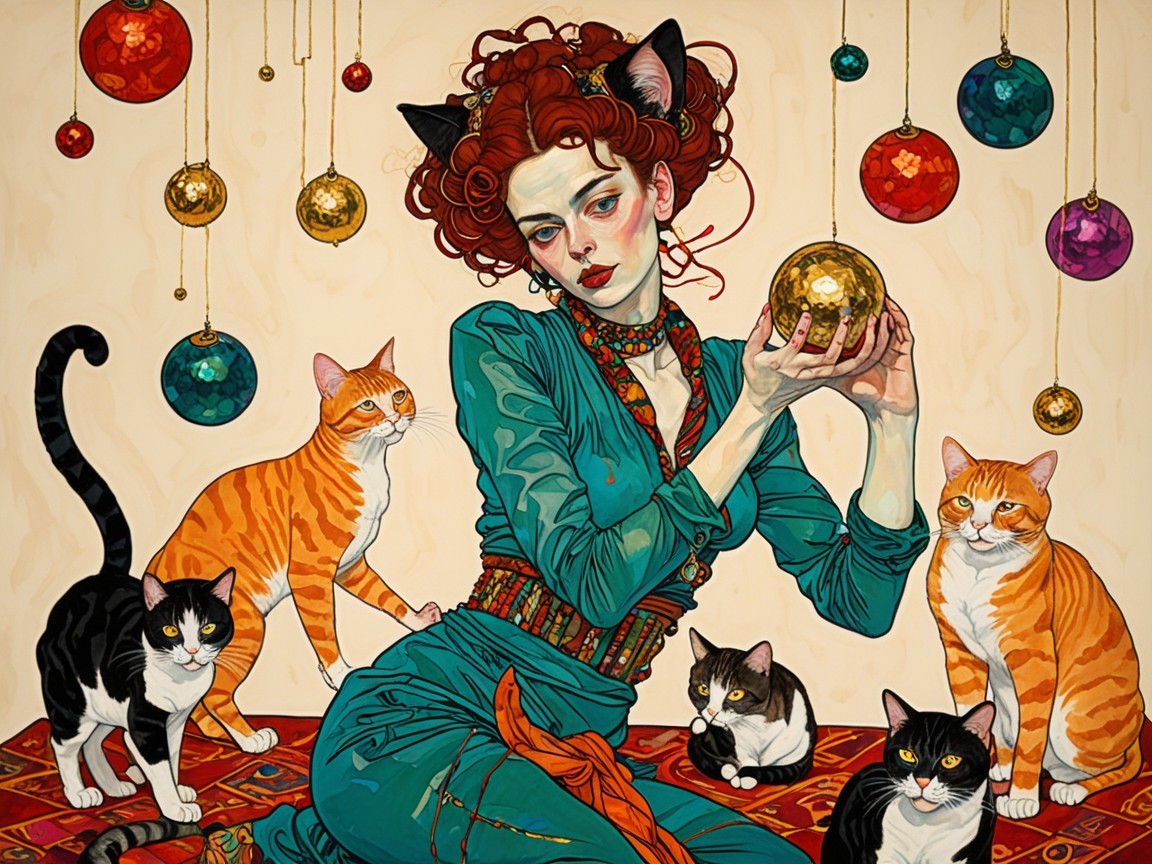 Whimsical Scene of Woman with Cat Ears and Cats