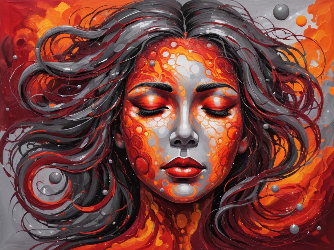 Serene Woman's Face in Swirling Red and Orange Colors