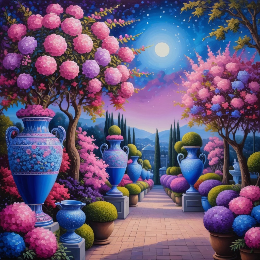 Vibrant Garden Path with Floral Trees and Twilight Sky