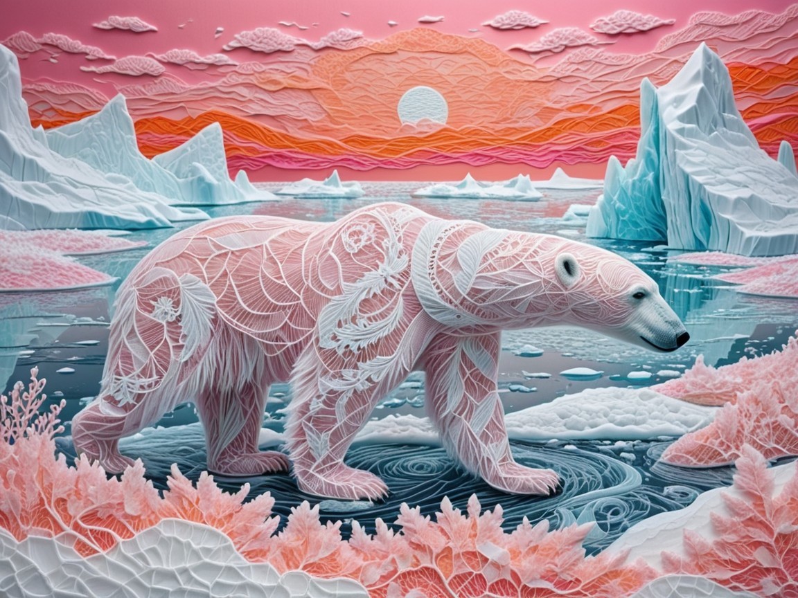 Intricate Paper Craft Polar Bear in Dreamlike Landscape