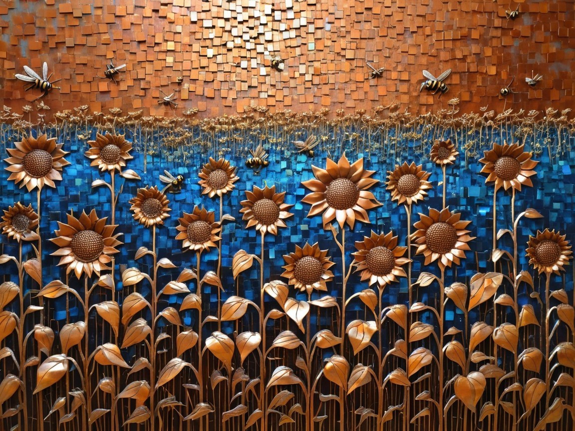 Metal Sunflower Sculpture with Bees and Colorful Background