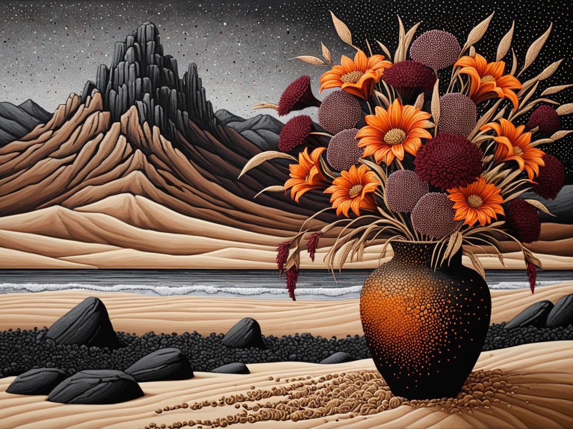 Stylized Landscape with Vibrant Flowers and Stars