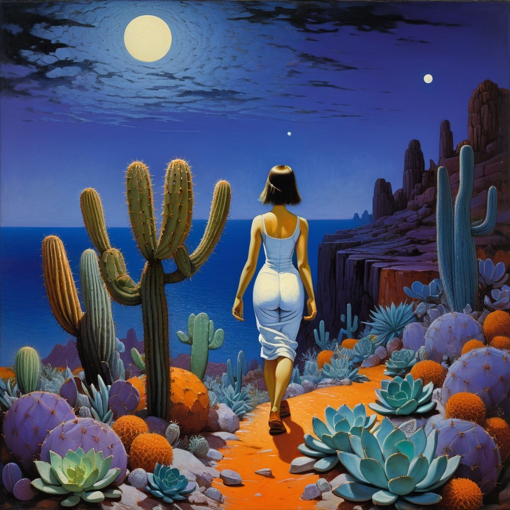 Woman in white dress on path with cacti at night