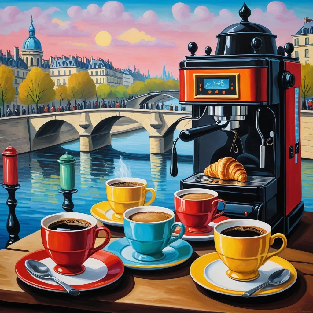 Vibrant Oil Painting of Parisian Street with Coffee