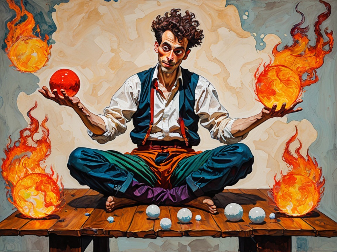 Colorful Juggler with Fiery Balls on Wooden Platform