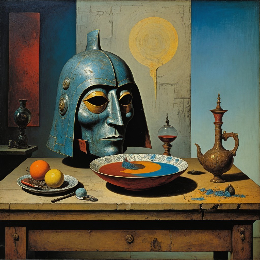 Still Life with Blue Gladiator Helmet and Fruit