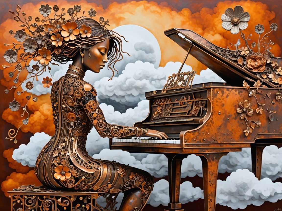 Sculptural Woman with Floral Hair Playing Piano