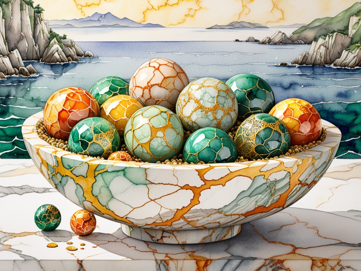 Colorful Eggs in a Bowl Against a Seascape Background