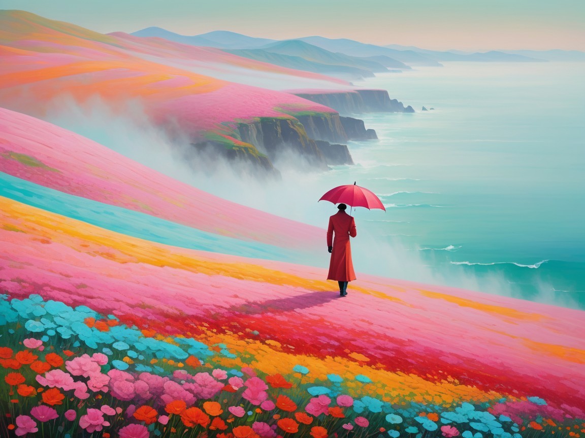 Vivid Landscape with Hills, Flowers, and Ocean Scene
