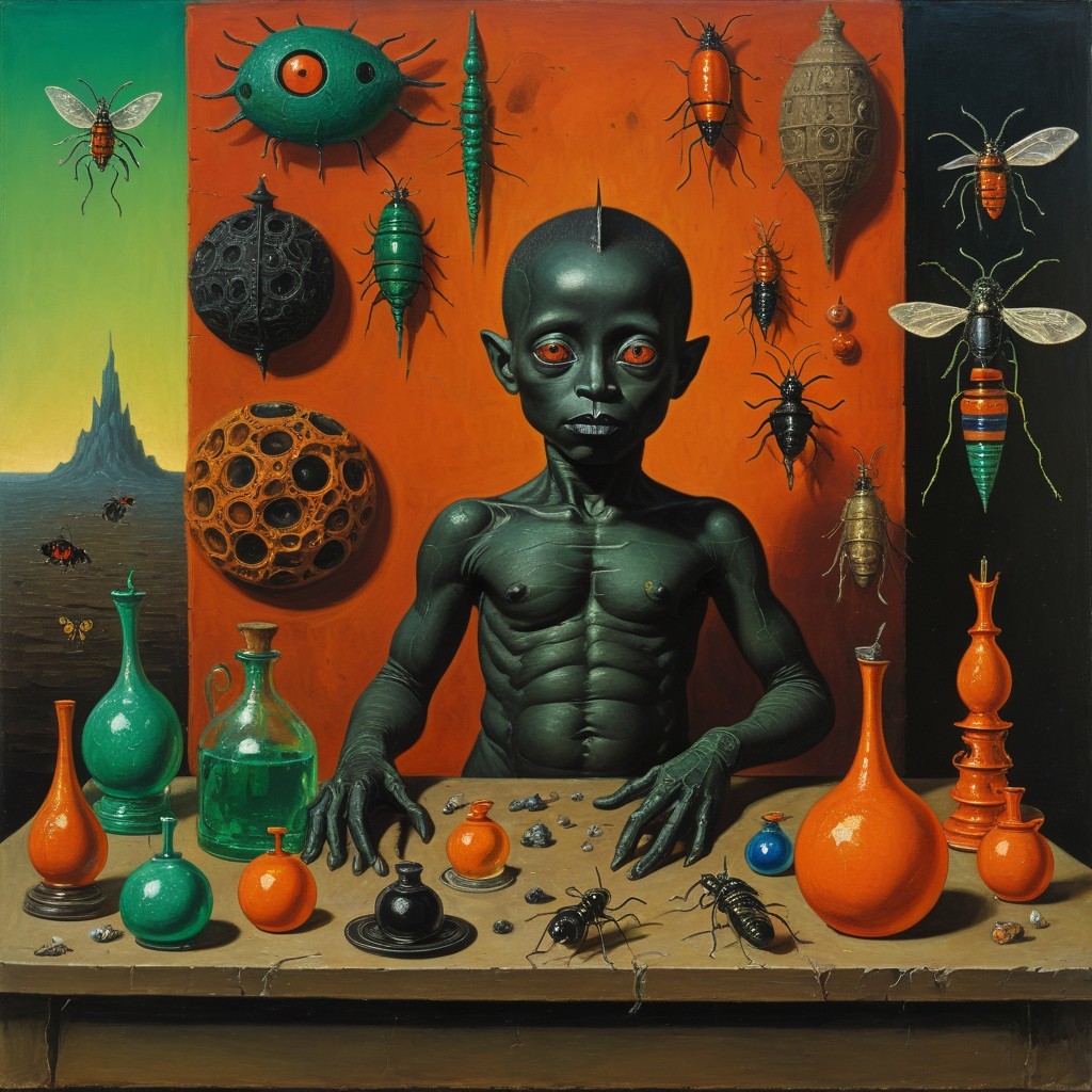 Surreal Artwork of Green-Skinned Figure at Table