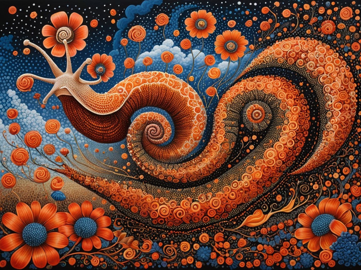 Whimsical Artwork of Snail in Colorful Garden Scene