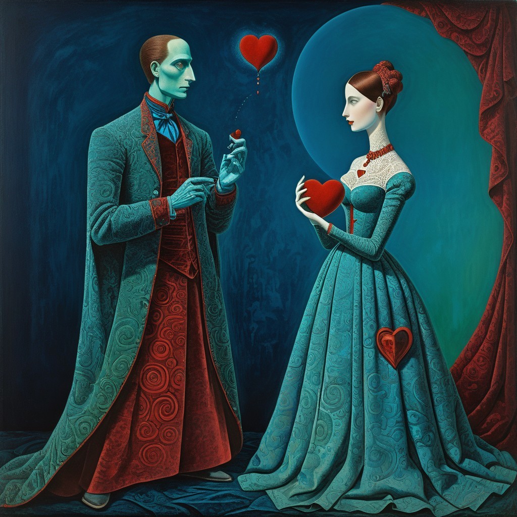 Surreal Scene of Heart Exchange Between Two Figures