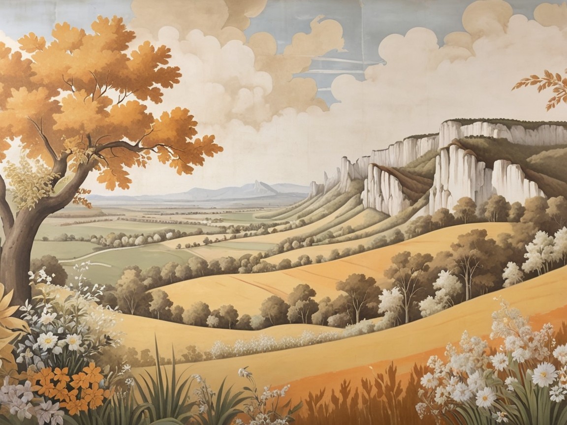Scenic Landscape Mural of Hills and Autumn Trees
