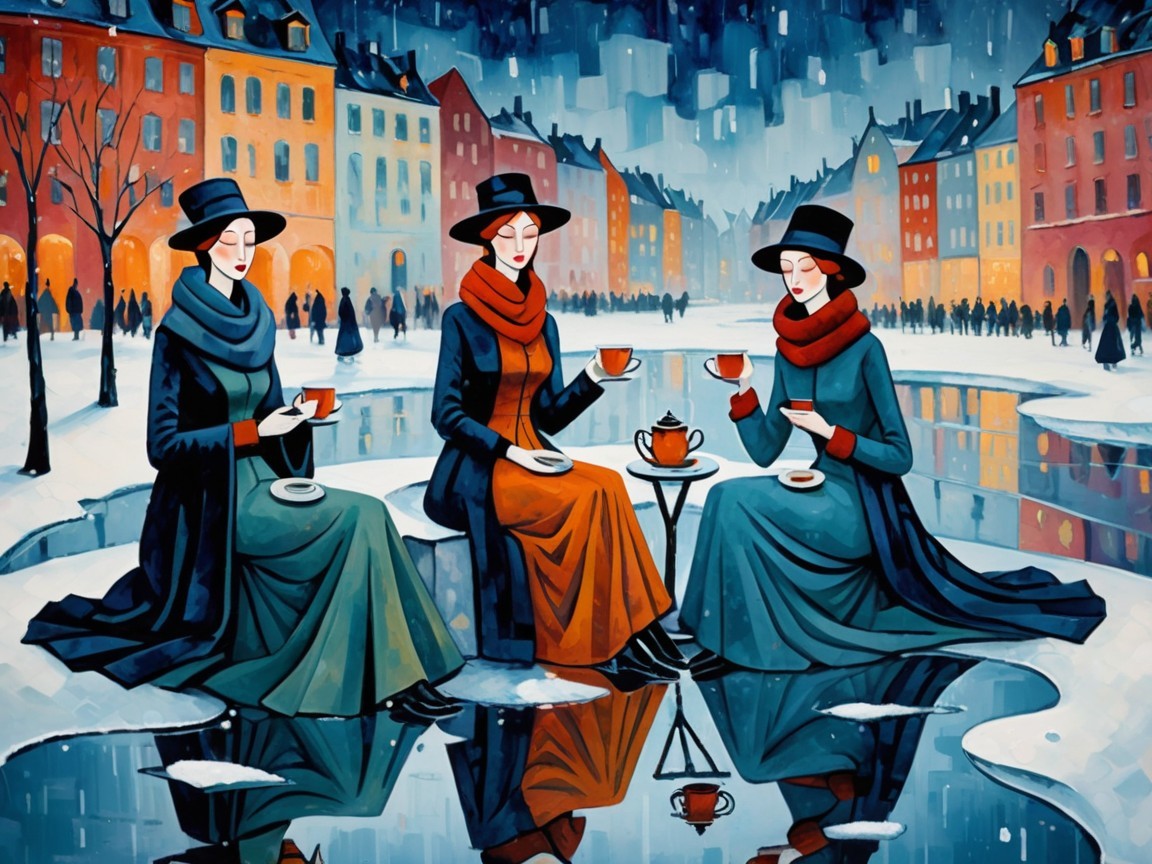 Elegant Women Enjoying Tea on a Frozen Pond in Winter