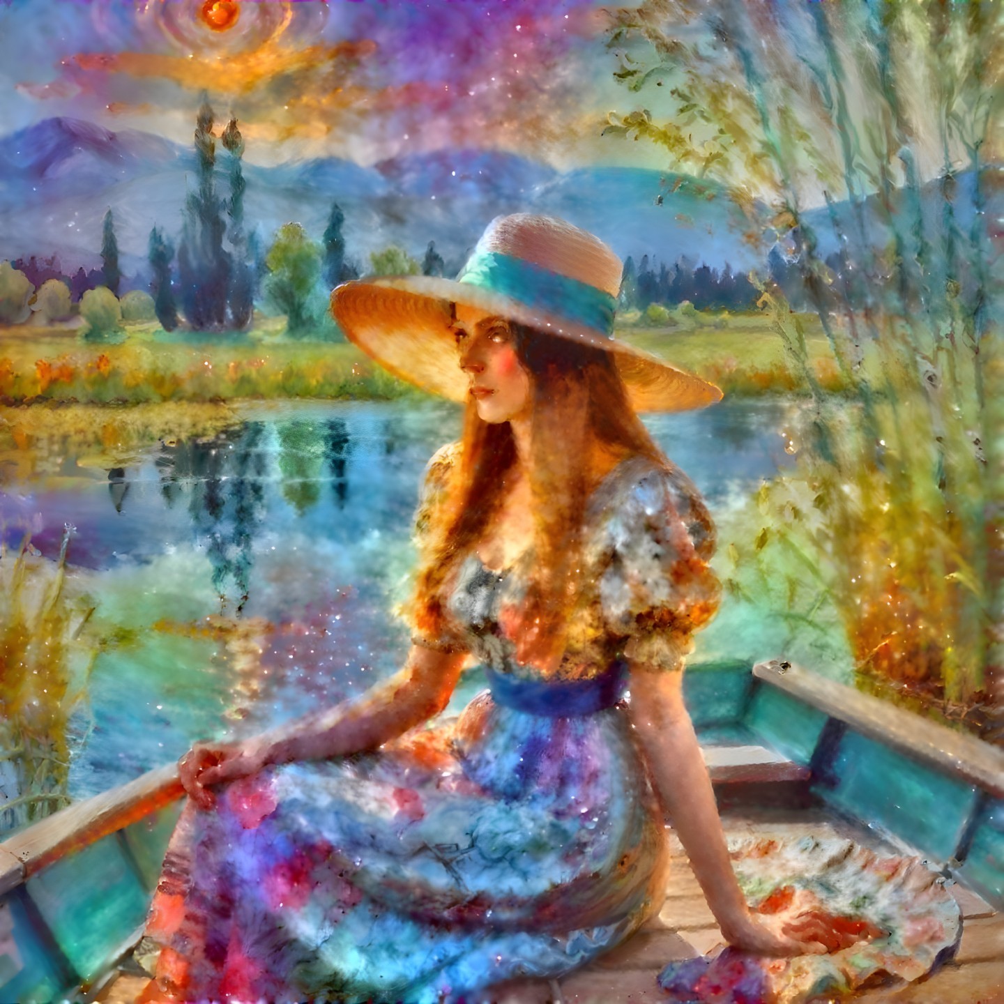 Serene Scene of a Woman by a Tranquil Lake