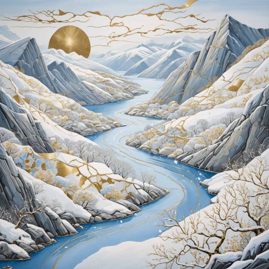 Serene Winter Landscape with Snowy Mountains and River
