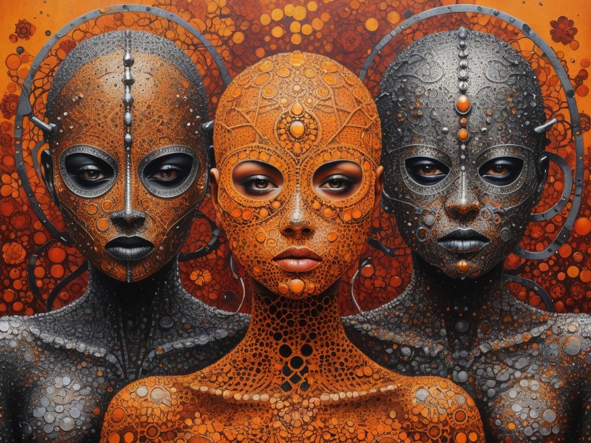 Three Humanoid Figures with Dotted Patterns in Artwork