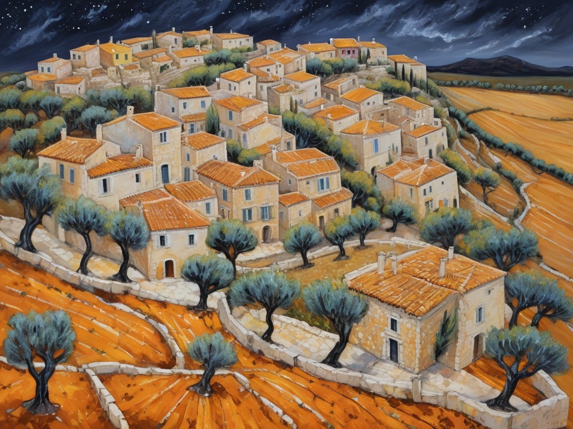 Hillside Village Under Starry Night Sky with Olive Trees