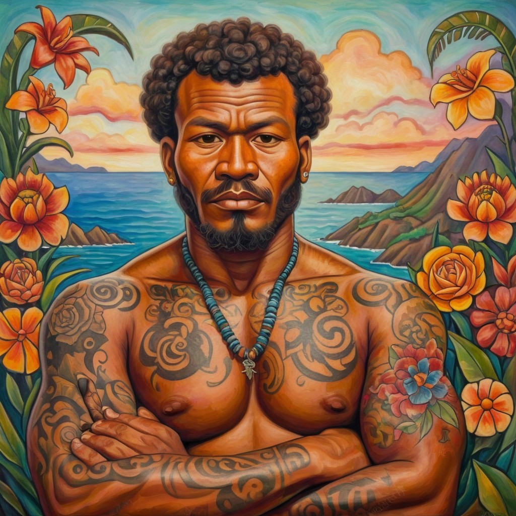 Muscular Man with Curly Hair and Vibrant Tattoos
