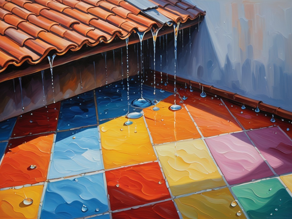 Colorful Tiles and Water Reflections in Vibrant Scene