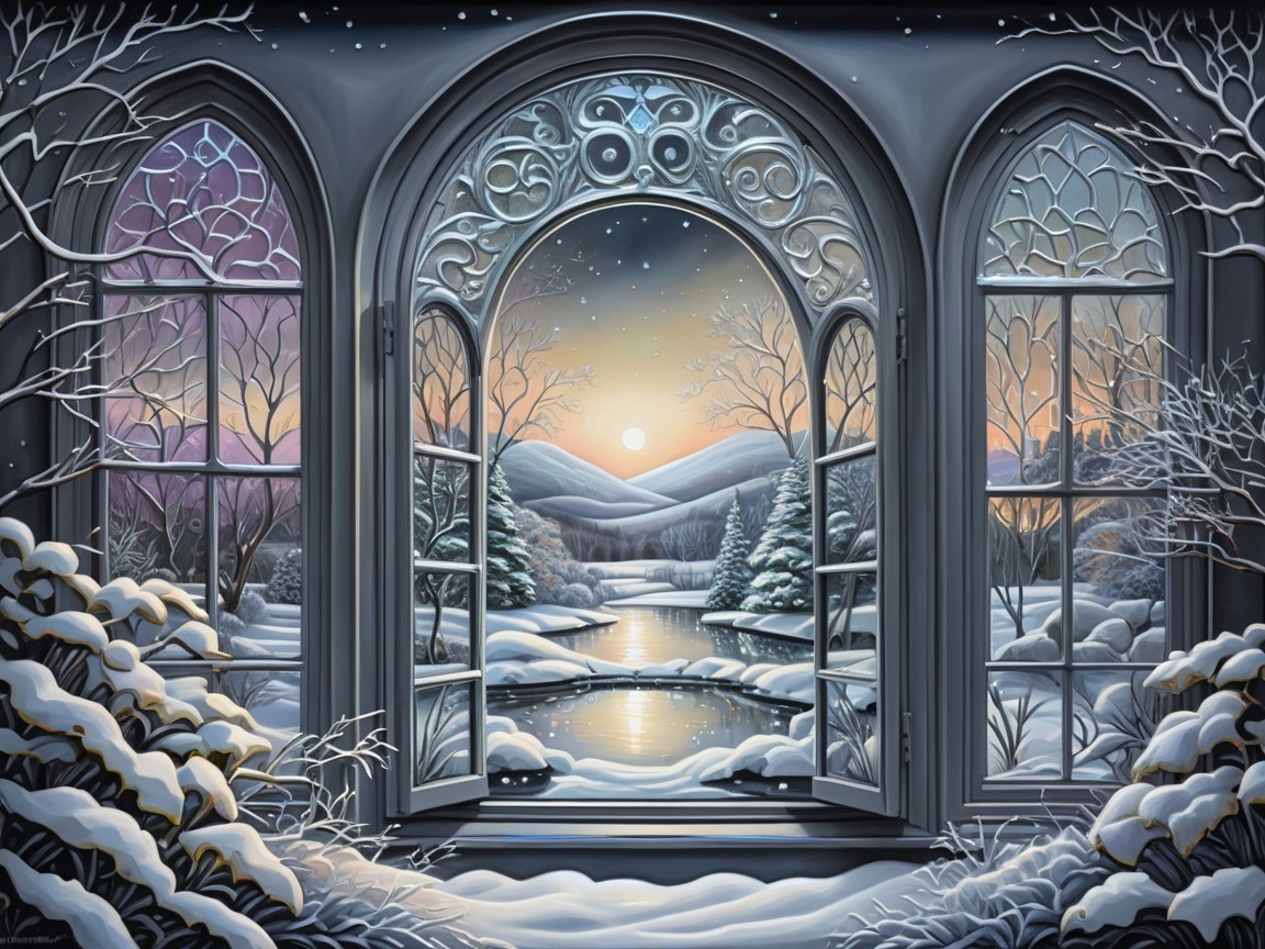Winter Landscape Through Ornate Window with Frost Patterns