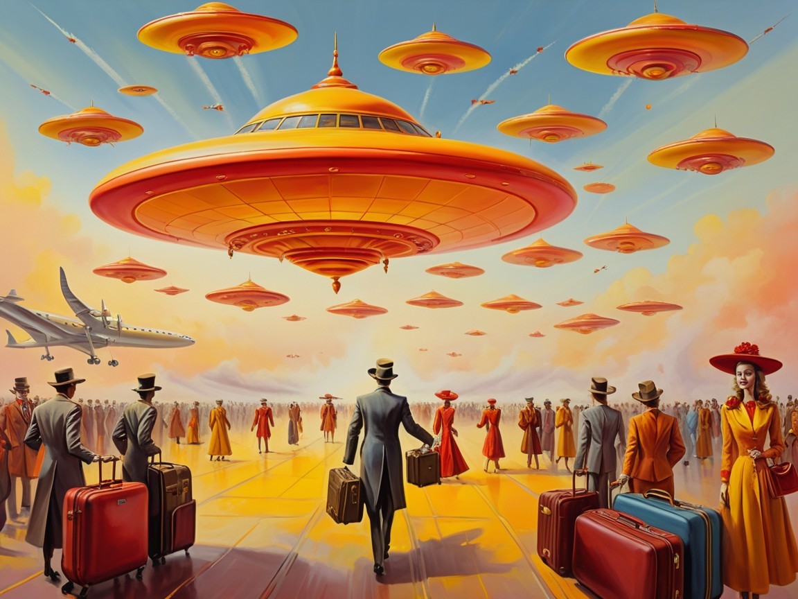 Elegant People Approaching UFOs in Surreal Scene