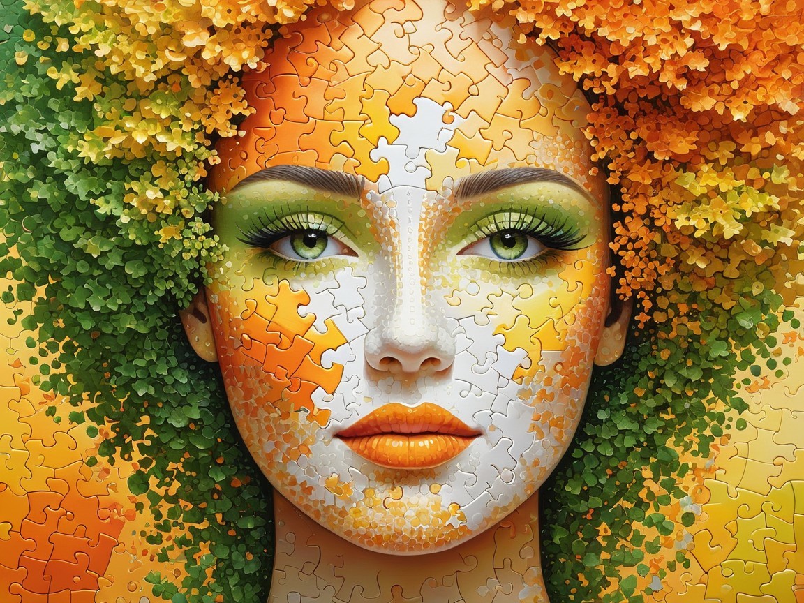 Colorful Puzzle Portrait of a Woman with Vibrant Hair